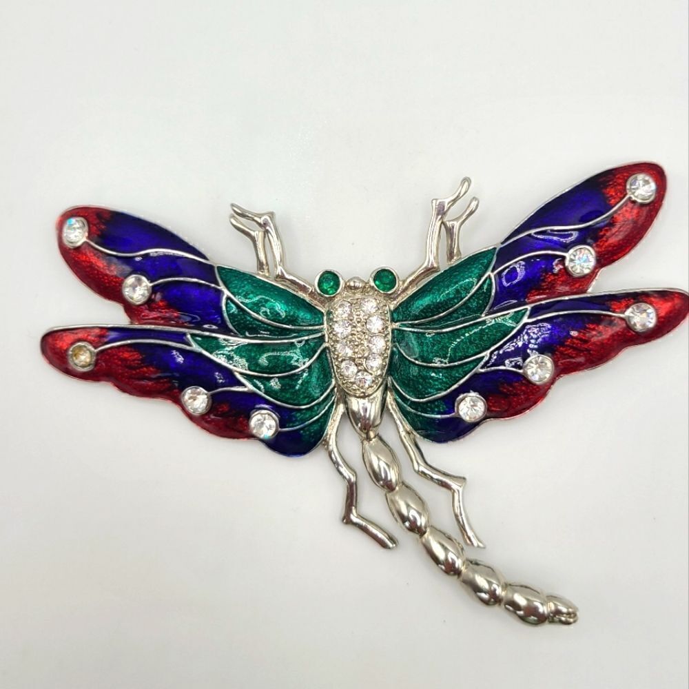 Enamel and Rhinestone Dragonfly Brooch Pin, large - Picture 2 of 7